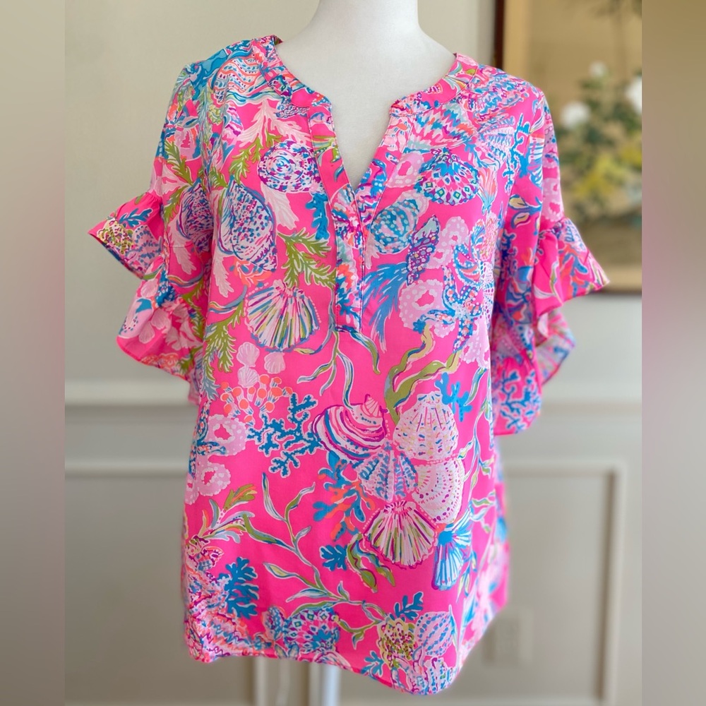 Lilly Pulitzer Quinna Pink Isle Shell Me Something Good short sleeve blouse XS